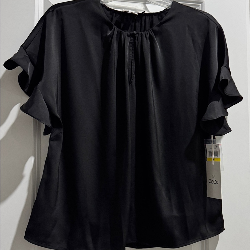 CeCe Black Flutter Sleeve Blouse with Mandarin Collar NWT
